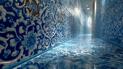Luxurious Blue Ceramic Corridor with Floral Embossed Tiles