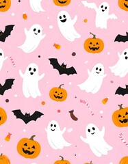 A pink background with whimsical Halloween elements creating a repeating pattern