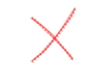A hand drawn red cross mark symbol with a slightly rough texture indicating a mistake or incorrect choice isolated on transparent background
