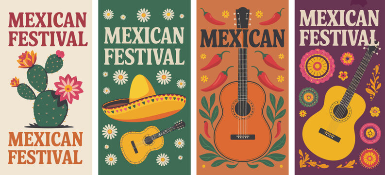 Viva Mexico Vector Design – Folk-inspired illustration featuring a woman in sombrero, traditional Mexican ornaments, and cactus elements for festive holiday or cultural celebration graphics.