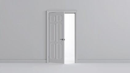 A white door stands open against a plain light gray wall