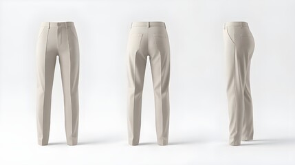 Professional studio mockup of neutral-colored trousers presented from three distinct angles on a seamless white background, highlighting fabric texture and garment form