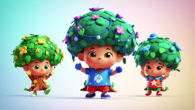 Three cartoon characters resembling trees with floral hair dance happily