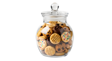 Glass cookie jar filled with assorted cookies isolated on transparent background