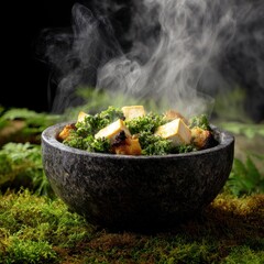 Herbal Bowl with Vapor Mist Surrounded by Natural Moss