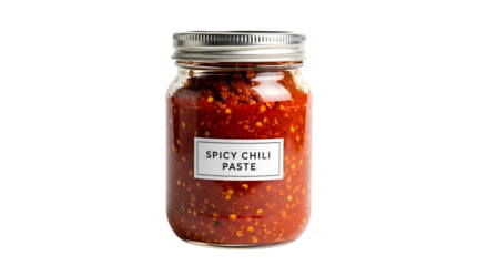 Jar of spicy chili paste isolated on transparent background for cooking