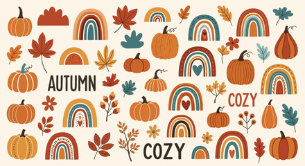 Boho Autumn Fall Vector Clipart Set - Cute Hand-Drawn Rainbows Pumpkins Leaves Collection for Scrapbooking and Nursery Decor