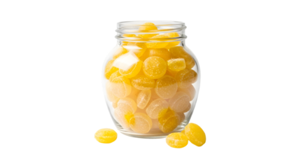 Jar of yellow candies isolated on transparent background, a sweet and sugary treat
