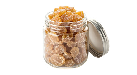 Jar of candied ginger isolated on transparent background, a sweet and spicy treat