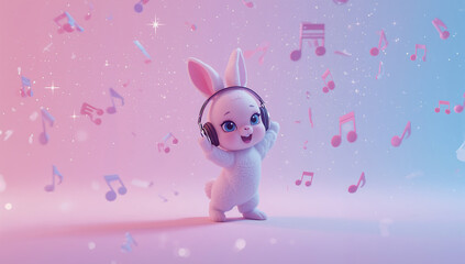 Joyful 3D cartoon rabbit character with headphones, happily grooving to music surrounded by floating notes and sparkling elements on a vibrant pink and blue gradient