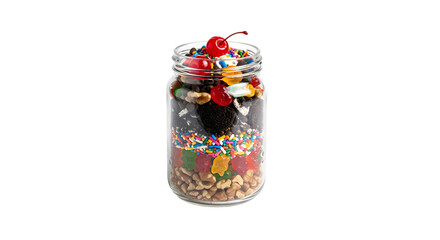 Jar of layered dessert isolated on transparent background, a colorful sweet treat
