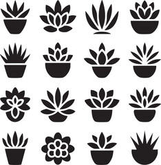 Sixteen black succulent plant icons in pots silhouette 1