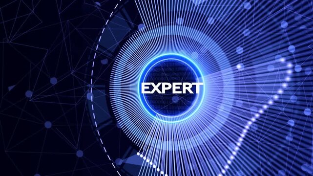 Glowing abstract digital network with data streams and the word exp in a futuristic blue circle technology