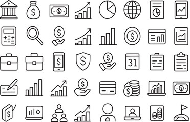 Finance icons representing banking growth analytics and investment concepts