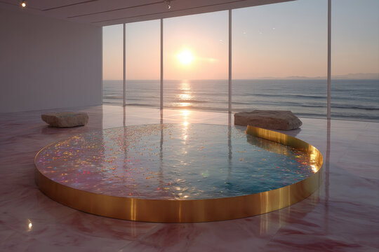 Circular travertine platform with brass trim and pastel acrylic nodes in golden sunset light