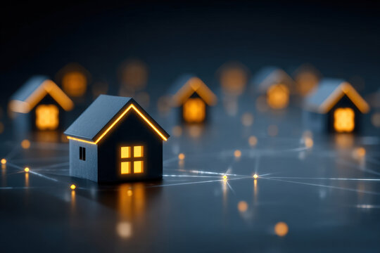 Glowing home icons connected by lines in a modern blue digital network environment
