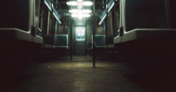 Inside a quiet subway train, rows of empty seats line the dimly lit aisle. The atmosphere conveys solitude as the train traverses its underground route at night.