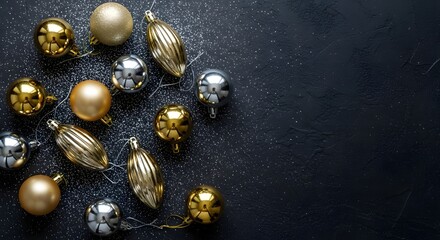 Festive arrangement of golden and silver christmas baubles scattered on a dark sparkling background with copy space