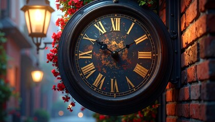 Fototapeta premium Antique Street Clock With Red Flowers And Lantern roman numerals