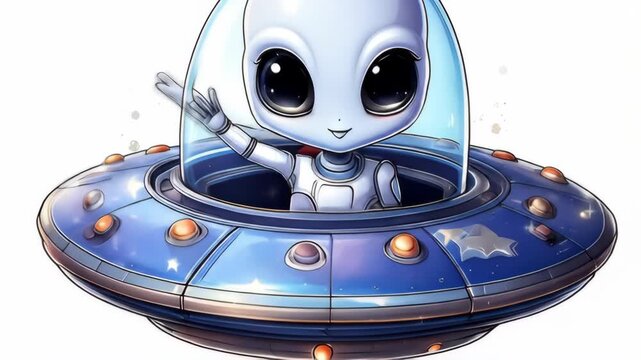 Adorable cartoon alien character piloting a futuristic flying saucer, extending a friendly wave from the cockpit, ready for an interstellar adventure into the unknown