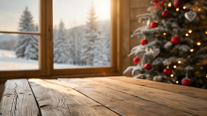 Fototapeta premium Rustic wooden table in front of a window with a snowy winter forest view. A decorated Christmas tree with lights and red baubles creates a cozy festive background