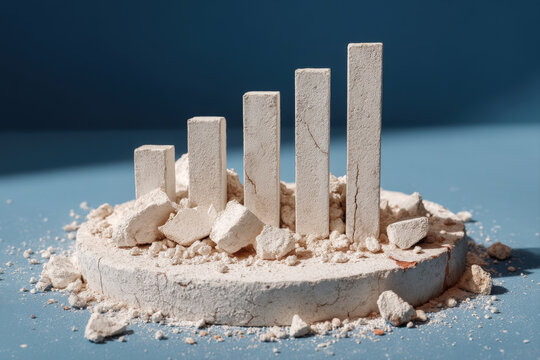 Broken bar chart columns with circular fragments and dust in matte porcelain tones