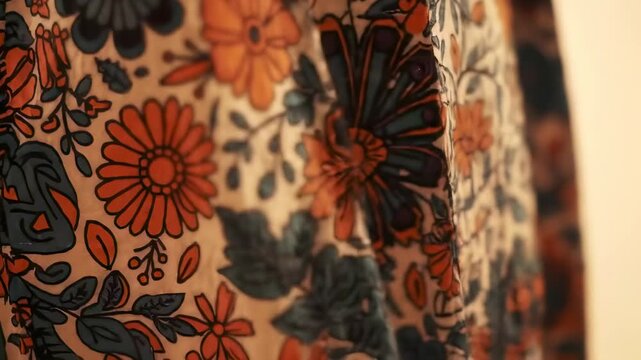 Close-up of floral fabric with orange and teal flowers, retro design
