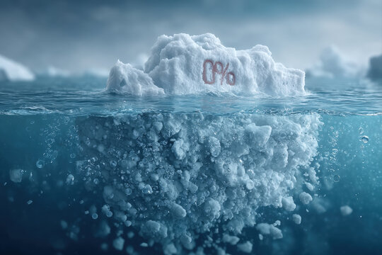 Porcelain iceberg with visible percent sign floating above submerged bar chart and drifting chips