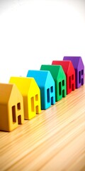 A row of colorful, toy-like houses in rainbow hues sits neatly on a wooden surface, creating a cheerful and playful scene with soft lighting and shallow depth of field.