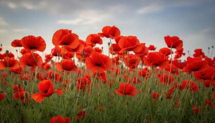 A vibrant field of red poppy flowers blooming under a dramatic cloudy sky.