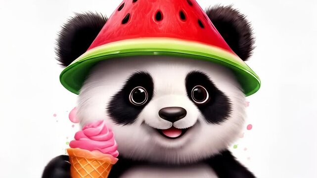 Adorable panda wearing a watermelon slice hat and holding a strawberry ice cream cone with colorful sprinkles, perfect for summer fun and treats