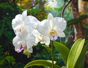Fototapeta premium Close-up of delicate white blooms with purple accents, bathed in sunlight. Lush green foliage forms a soft backdrop