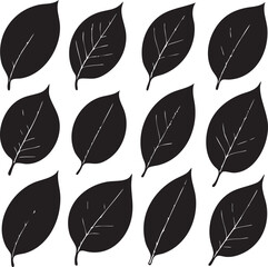 Twelve Black Silhouette Leaves with White Veins on White Background