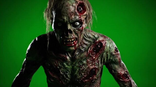 Terrifying Zombie Monster with Exposed Wounds and Pale Skin Lurking on a Vibrant Green Screen Background