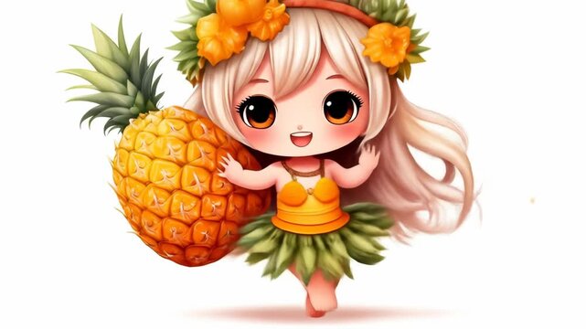 Adorable Animated Girl Holding a Pineapple A Whimsical Tropical Illustration