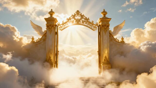 Heavenly Golden Gates Surrounded by Clouds and Light for Spiritual and Inspirational Themes