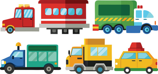 Charming cartoon vehicles collection for kids' designs and playful learning resources, colorful trucks and trains for joyful creative projects and educational use