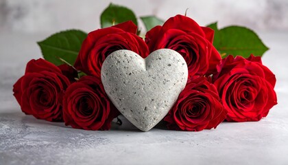 Red roses surround a heart-shaped stone on a light gray surface