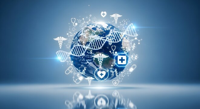 Global Healthcare Innovation Earth surrounded by medical symbols
