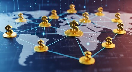 Global Financial Connections A Network of Digital Dollar Symbols Across a World Map