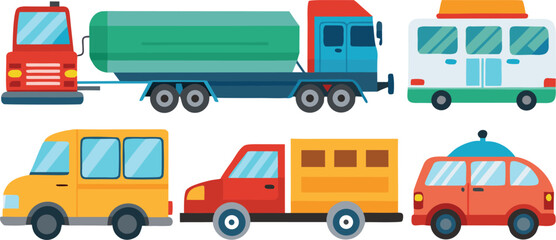 Colorful cartoon vehicles collection including delivery truck, transport bus, oil tanker, and mini van bringing joy to transportation concept