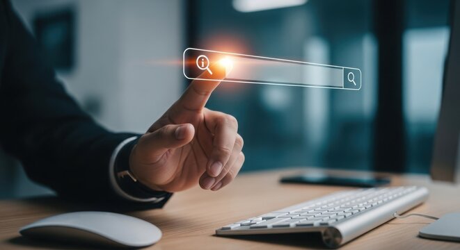 Person using a search bar on a digital interface with a glowing cursor - Powered by Adobe