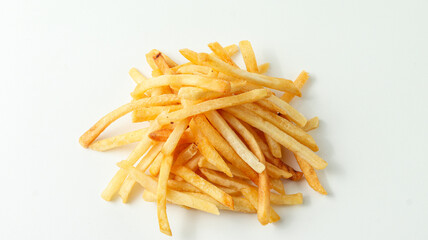pile of french fries on a white background
