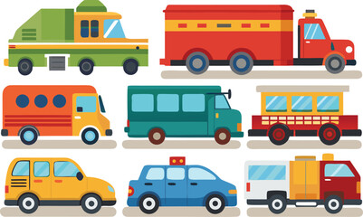 Fototapeta premium Playful transportation adventures featuring a colorful collection of cartoon trucks, vans, and cars perfect for kids' designs and transportation themes