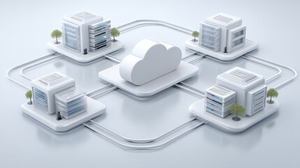Fototapeta premium Minimal 3D SD-WAN cloud network with three connected branch tiles on white background