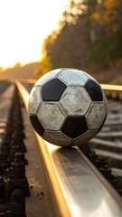 Close-up of soccer ball balanced on railroad track, sunlit