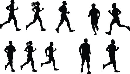 Running silhouettes, diverse runners, athletic motion, fitness activity, jogging poses, human movement, sports training, black figures, dynamic posture, white background