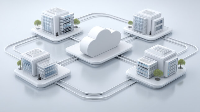 Minimal 3D SD-WAN cloud network with three connected branch tiles on white background