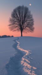 Minimalist winter snow landscape with pink sky and snow covered field, distant trees and small moon, soft pastel colors, peaceful serene atmosphere, wide perspective