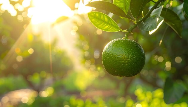 Sunlight filters through leaves, illuminating a lime on its branch